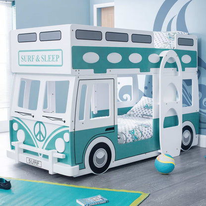 Campervan Bunk Bed in surf green and white in a bedroom setting