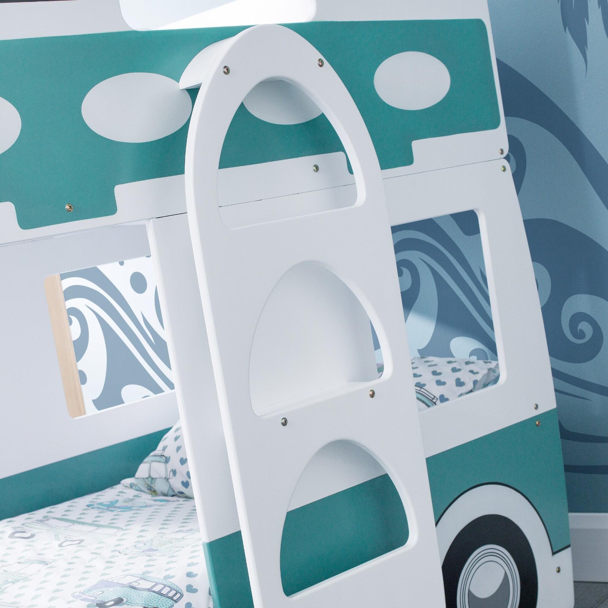 Surfboard shaped ladder detail of Campervan Bunk Bed in green and white
