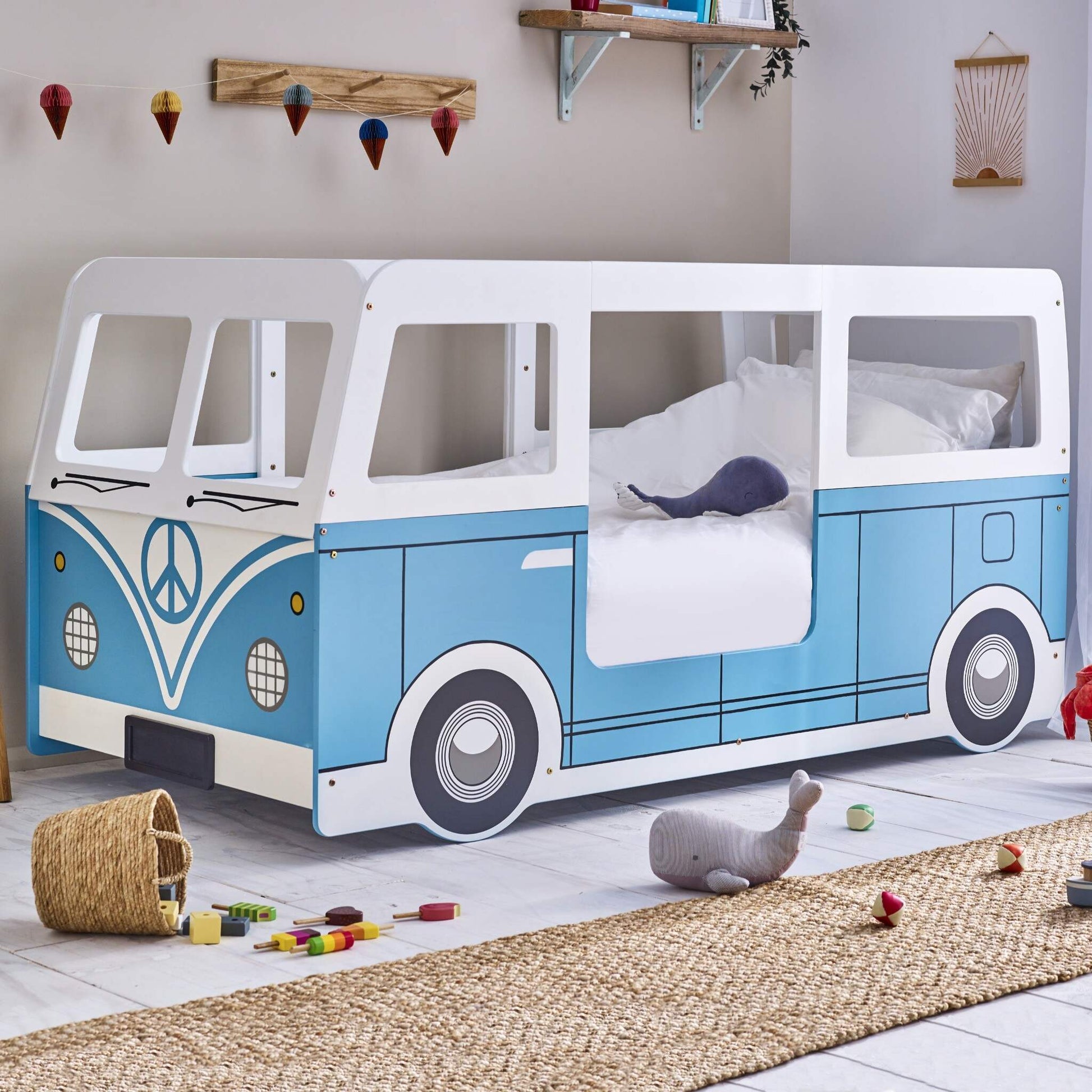 Campervan Low Sleeper Bed in blue and white shown in a child's bedroom setting
