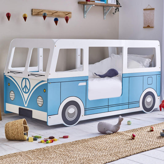 Campervan Low Sleeper Bed in blue and white shown in a child's bedroom setting