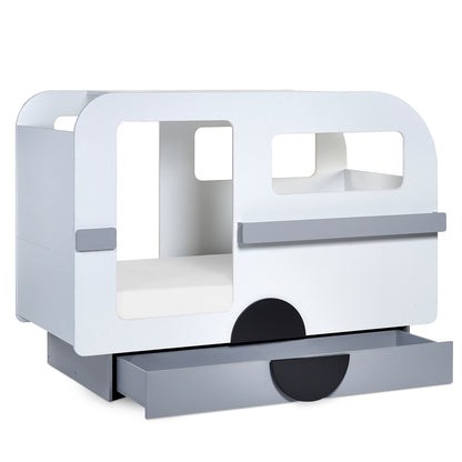 Angled view of Caravan Tourer Low Sleeper Bed in white and grey