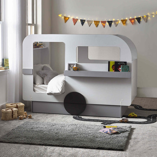 Caravan Tourer Low Sleeper Bed in white and grey shown in a child's bedroom setting