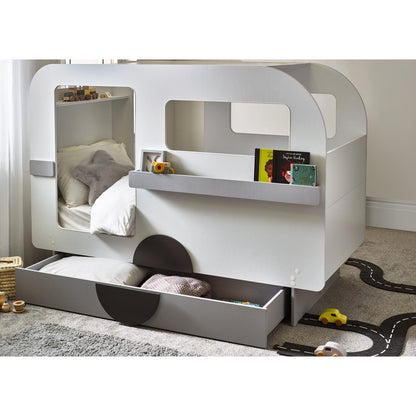 Underbed storage drawer of Caravan Tourer Low Sleeper Bed in white and grey