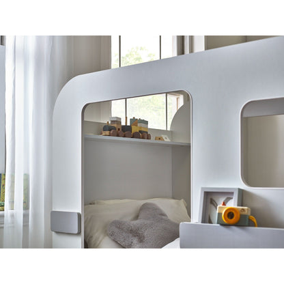 Interior shelf detail of Caravan Tourer Low Sleeper Bed viewed through side opening