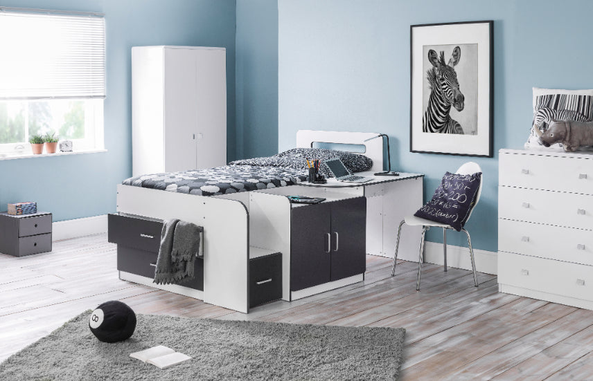 
Children's cabin bed with built-in storage in white and charcoal