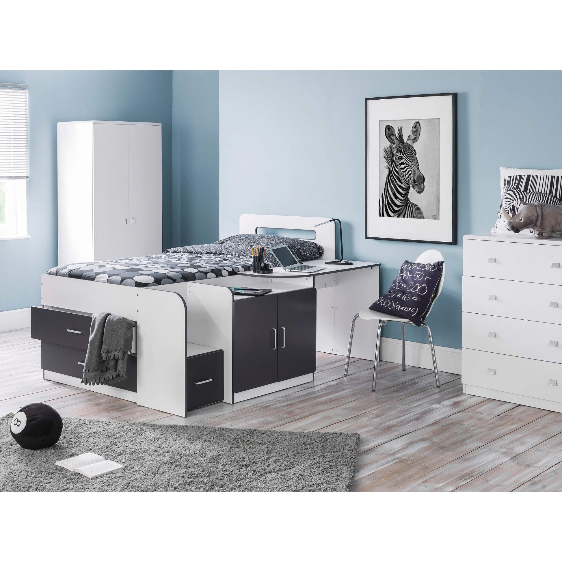 Cookie Cabin Bed in white and charcoal shown in a wider bedroom setting