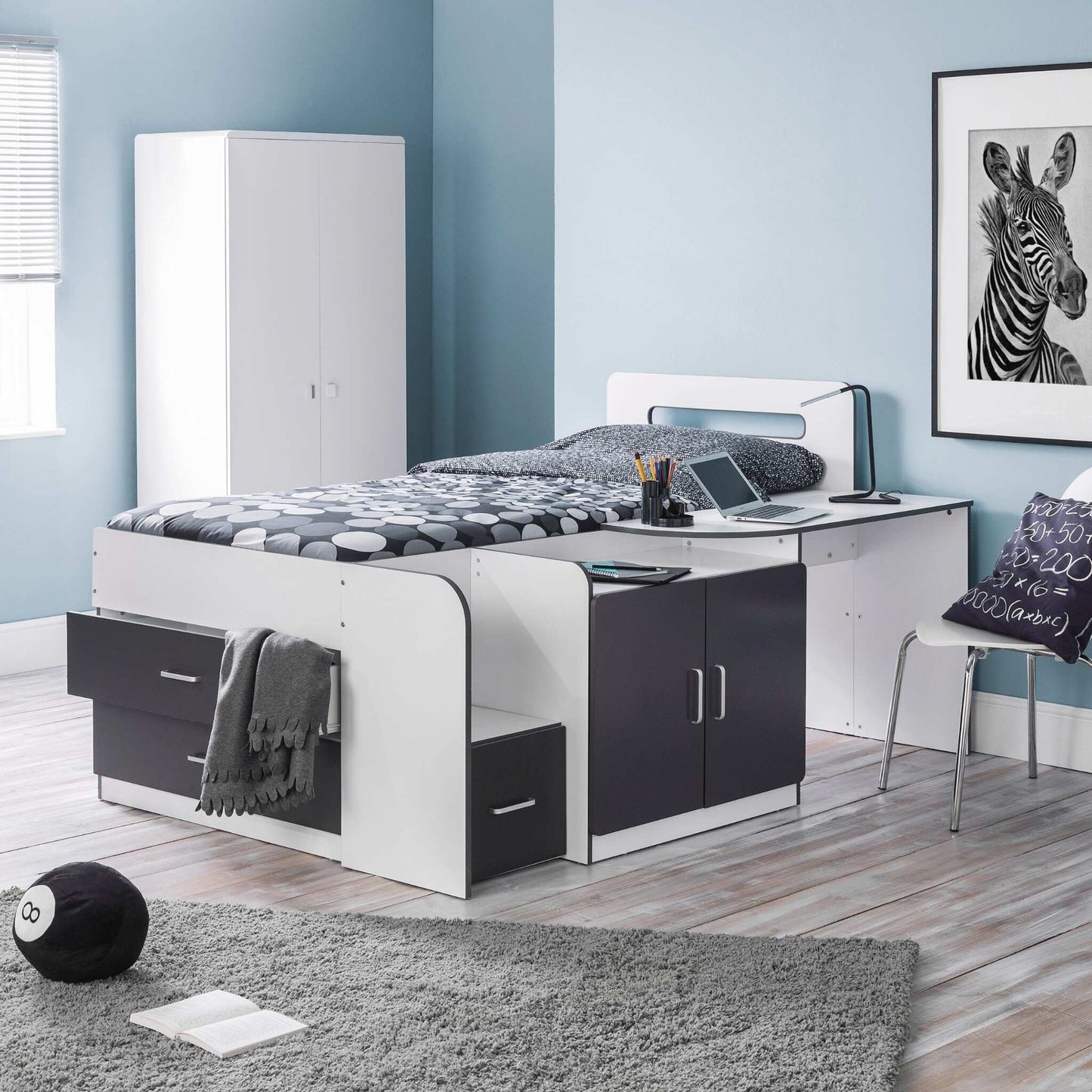 Cookie Cabin Bed in white and charcoal styled in a bedroom setting