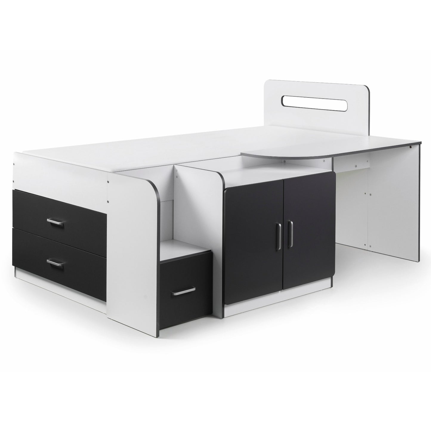Cookie Cabin Bed in white and charcoal on a plain background