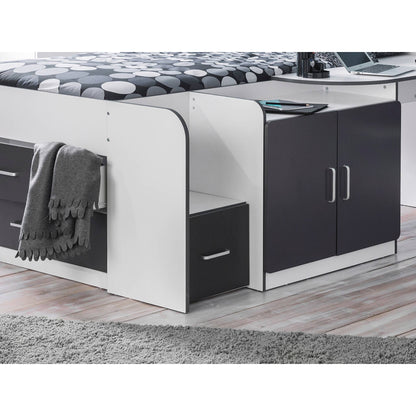 Built-in drawers and cupboards of Cookie Cabin Bed in white and charcoal