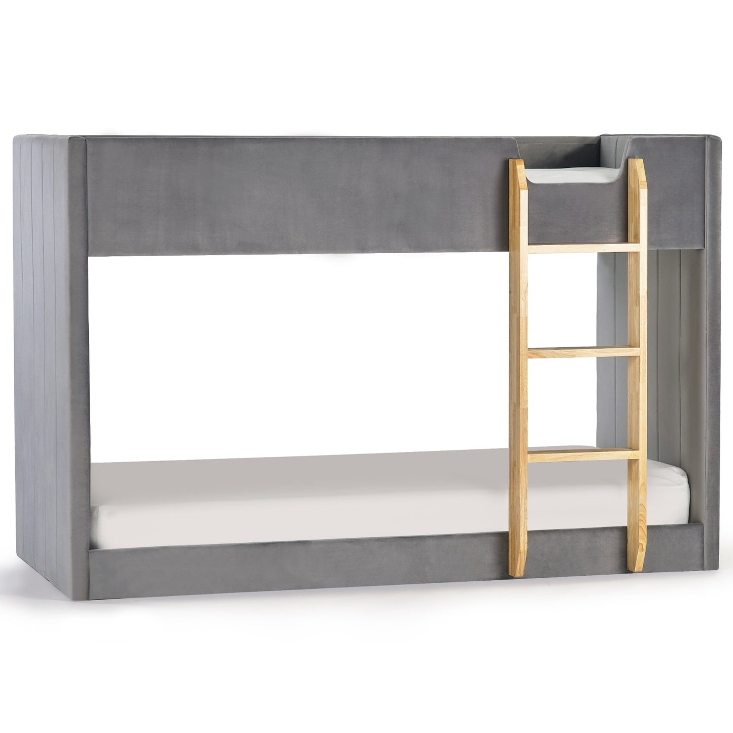 Daytona Grey Velvet Bunk Bed with wooden ladder on a white background