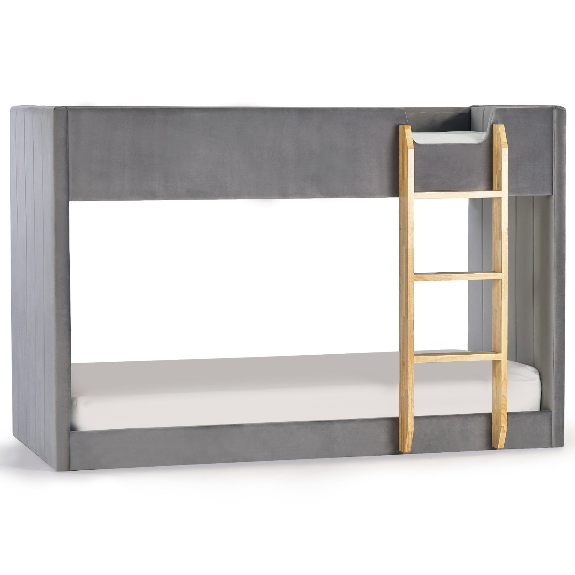 Daytona Grey Velvet Bunk Bed with wooden ladder on a white background