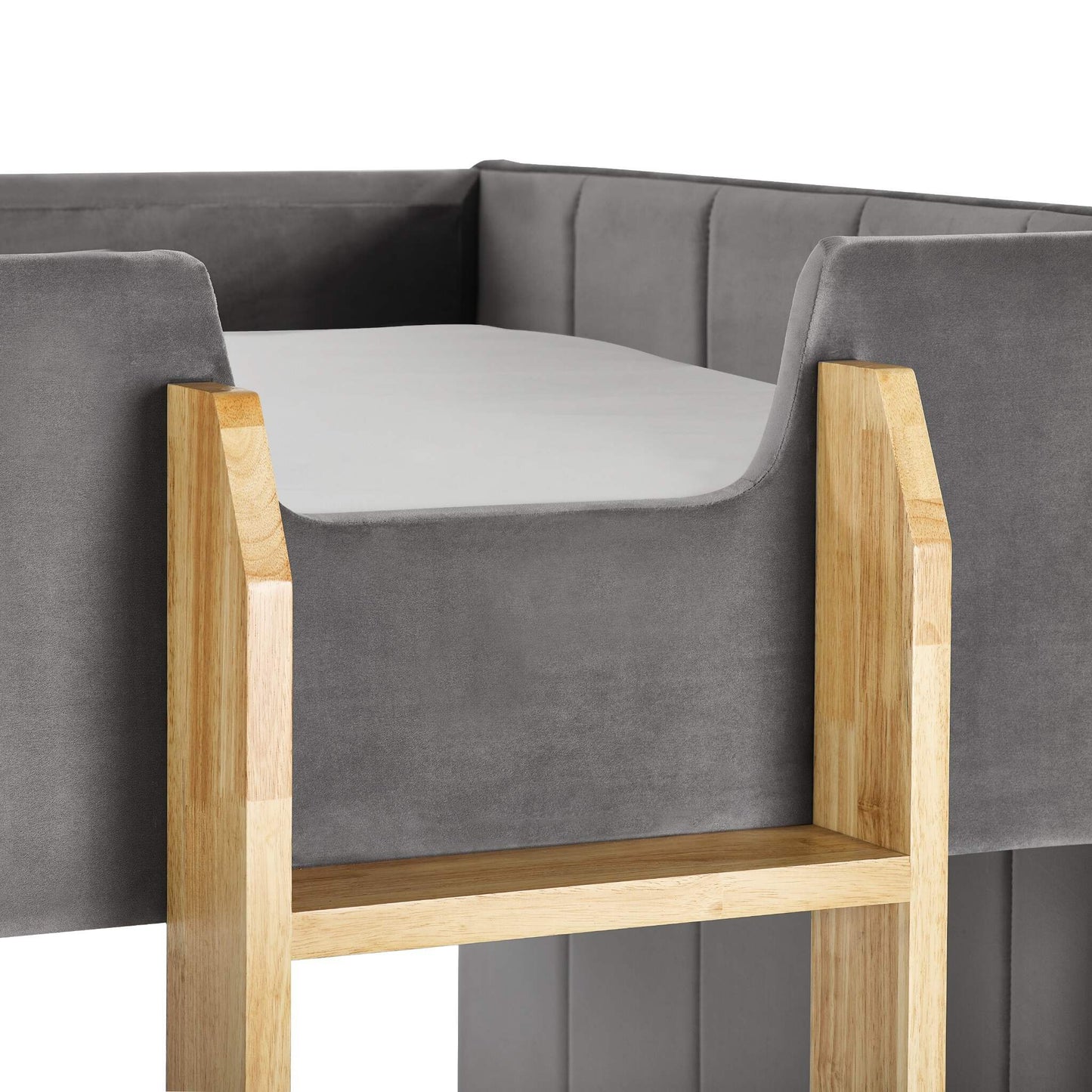 Upper bunk raised side panels and ladder detail of Daytona Grey Velvet Bunk Bed