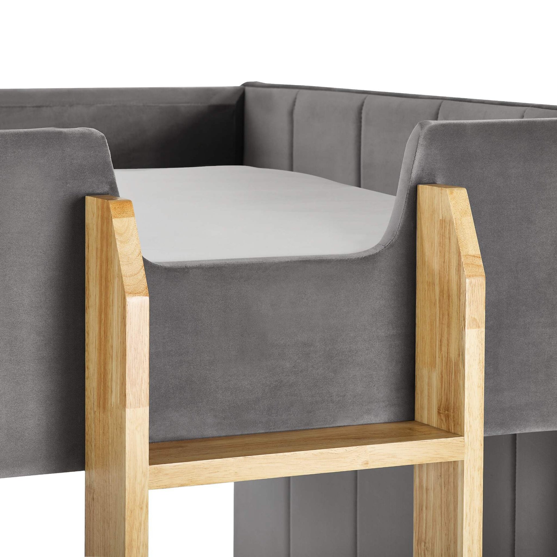 Upper bunk raised side panels and ladder detail of Daytona Grey Velvet Bunk Bed