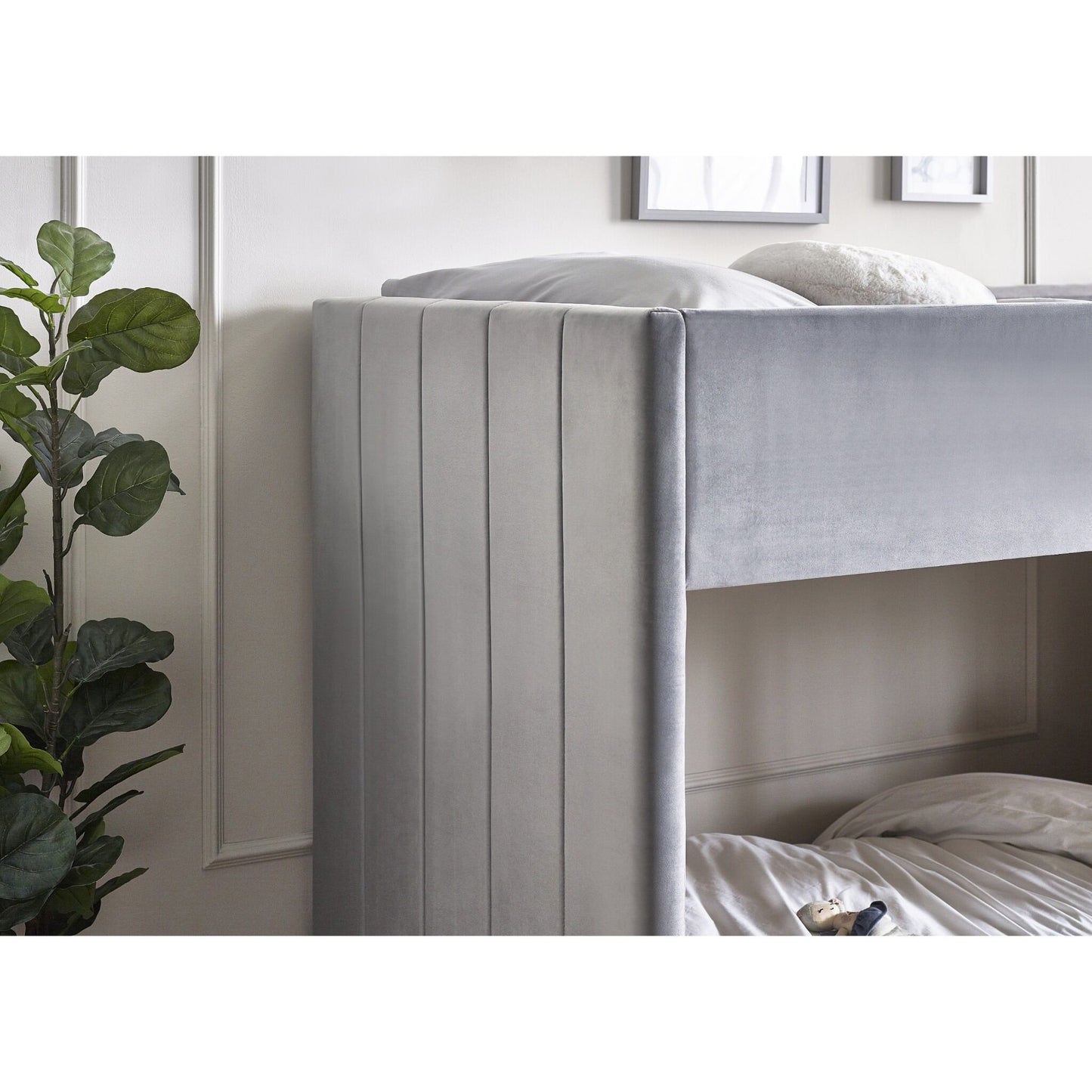 Upholstered end panel detail of Daytona Grey Velvet Bunk Bed