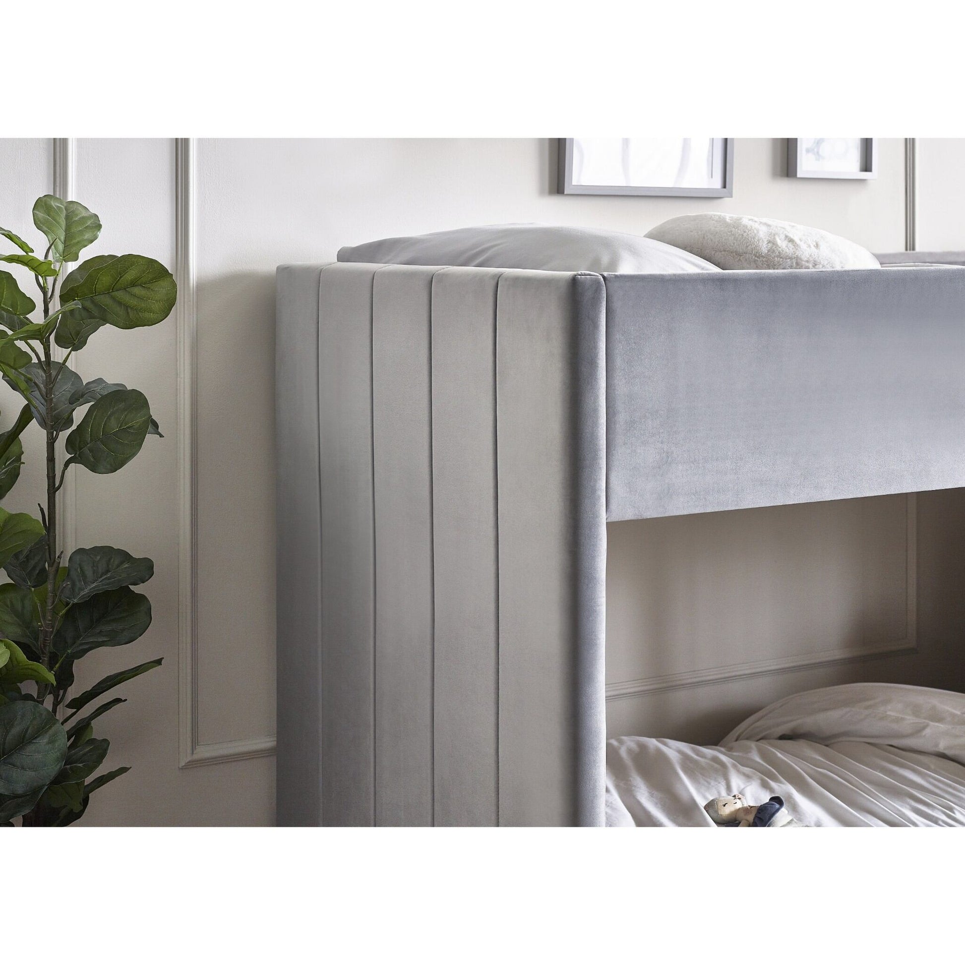 Upholstered end panel detail of Daytona Grey Velvet Bunk Bed