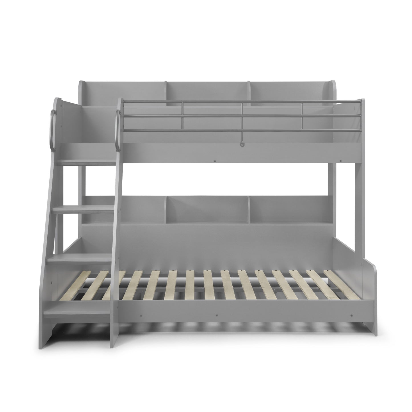 Gray bunk bed with wooden slats on a white background