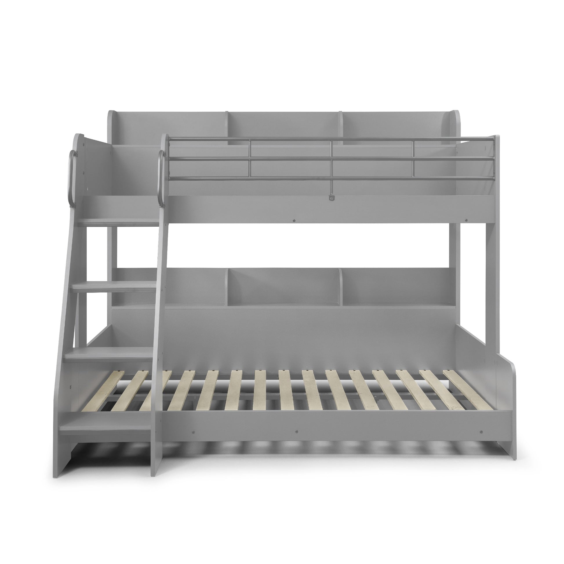 Gray bunk bed with wooden slats on a white background