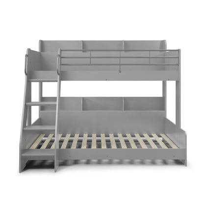 Gray bunk bed with wooden slats on a white background
