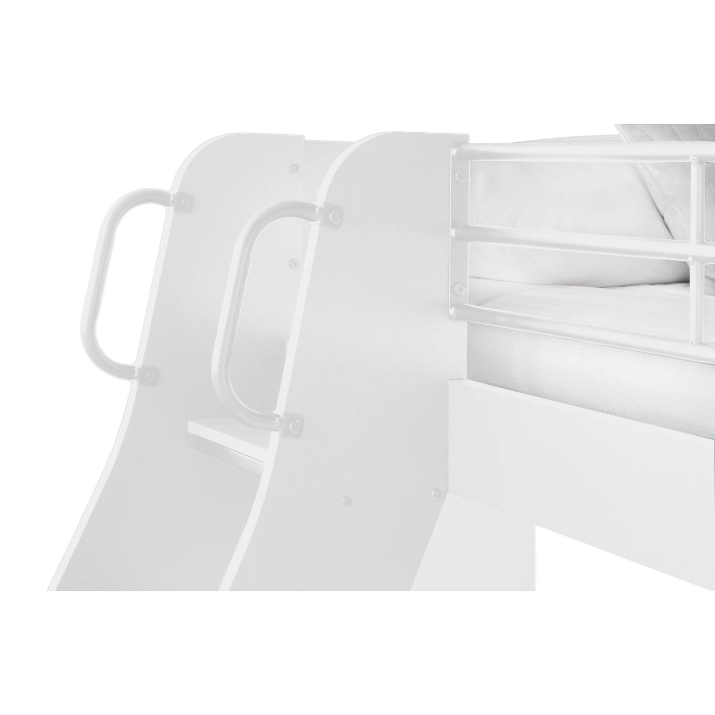 Close up of a white Domino Bunk Bed ladder and safety rail on a white background.