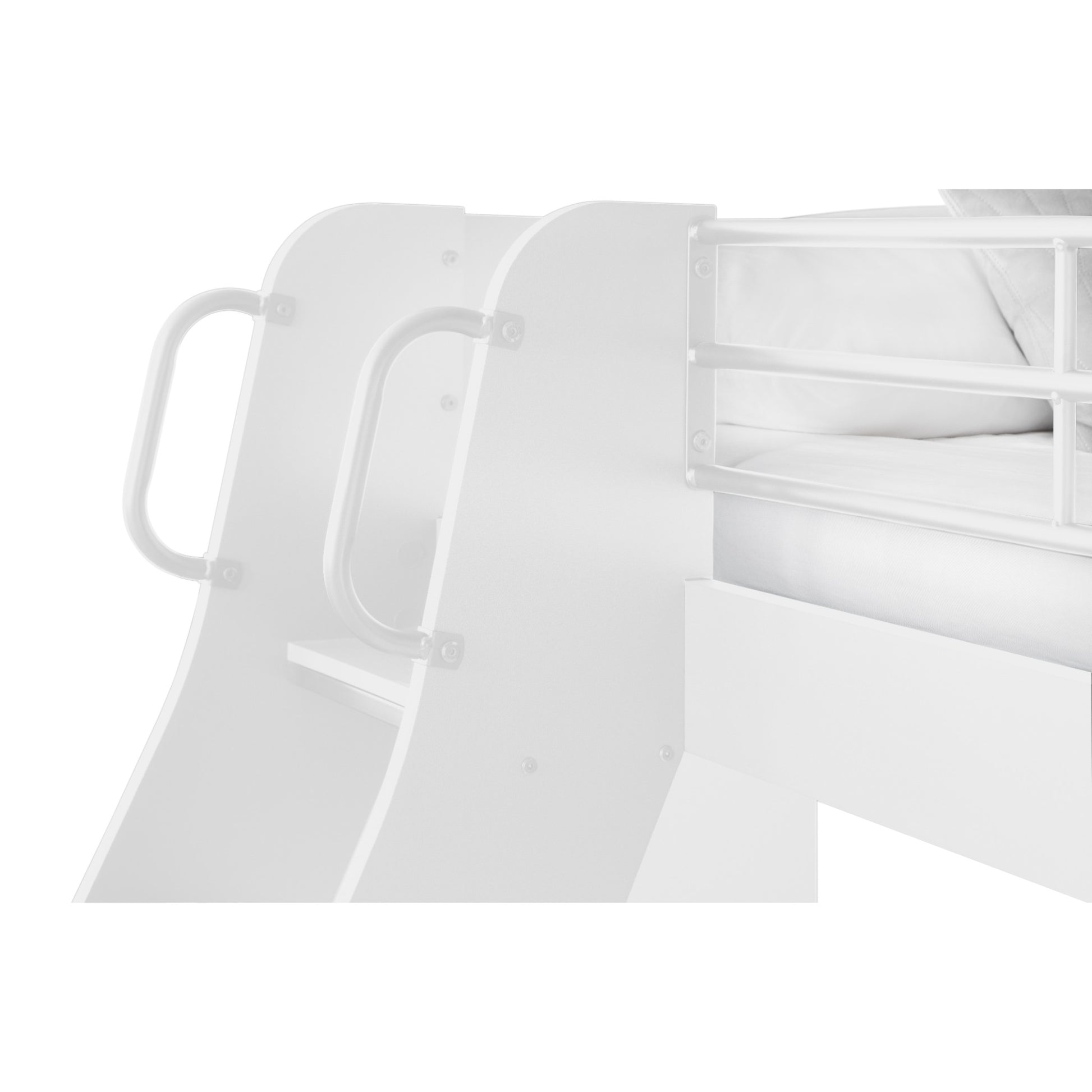 Close up of a white Domino Bunk Bed ladder and safety rail on a white background.