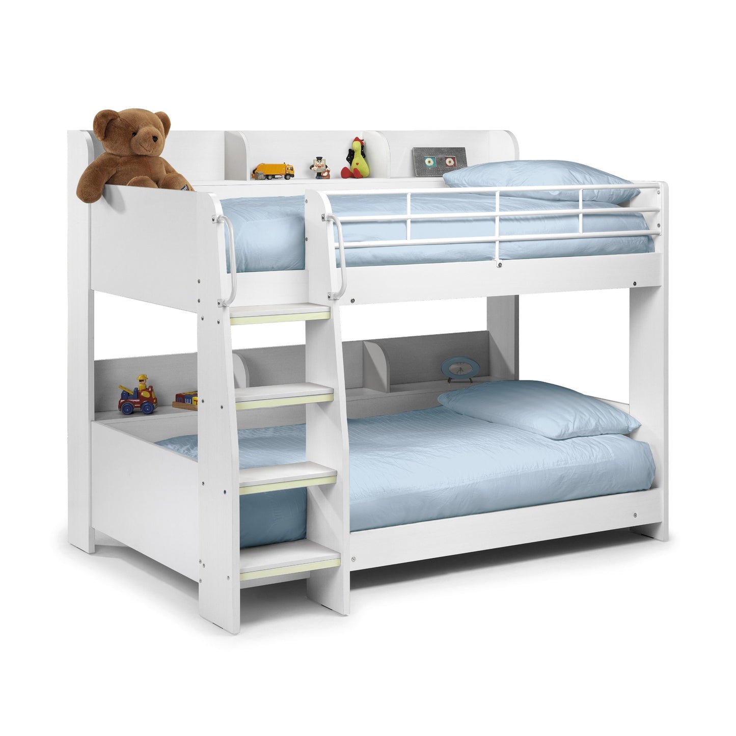 Angled view of a children's bunk bed in white