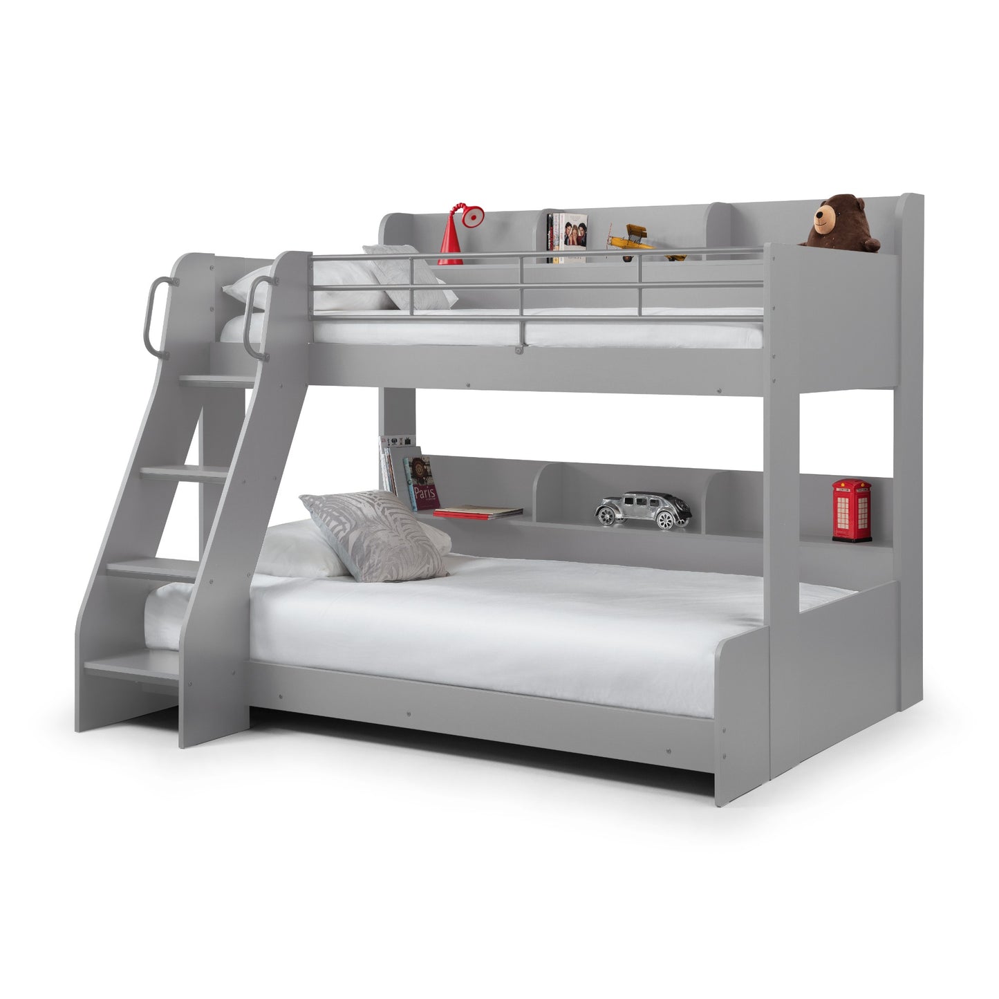 Front angled view of a triple 
sleeper bunk bed in light grey