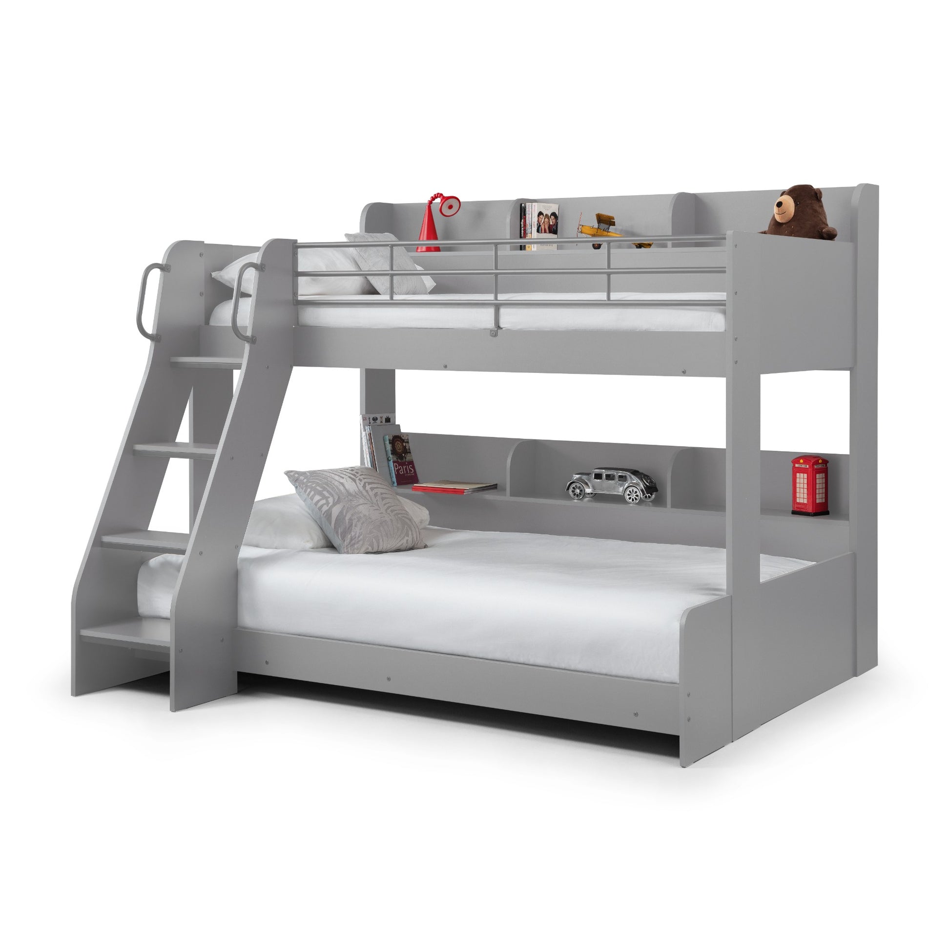 Front angled view of a triple 
sleeper bunk bed in light grey