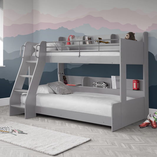 Domino Triple Sleeper Bunk Bed in light grey shown in a bedroom setting