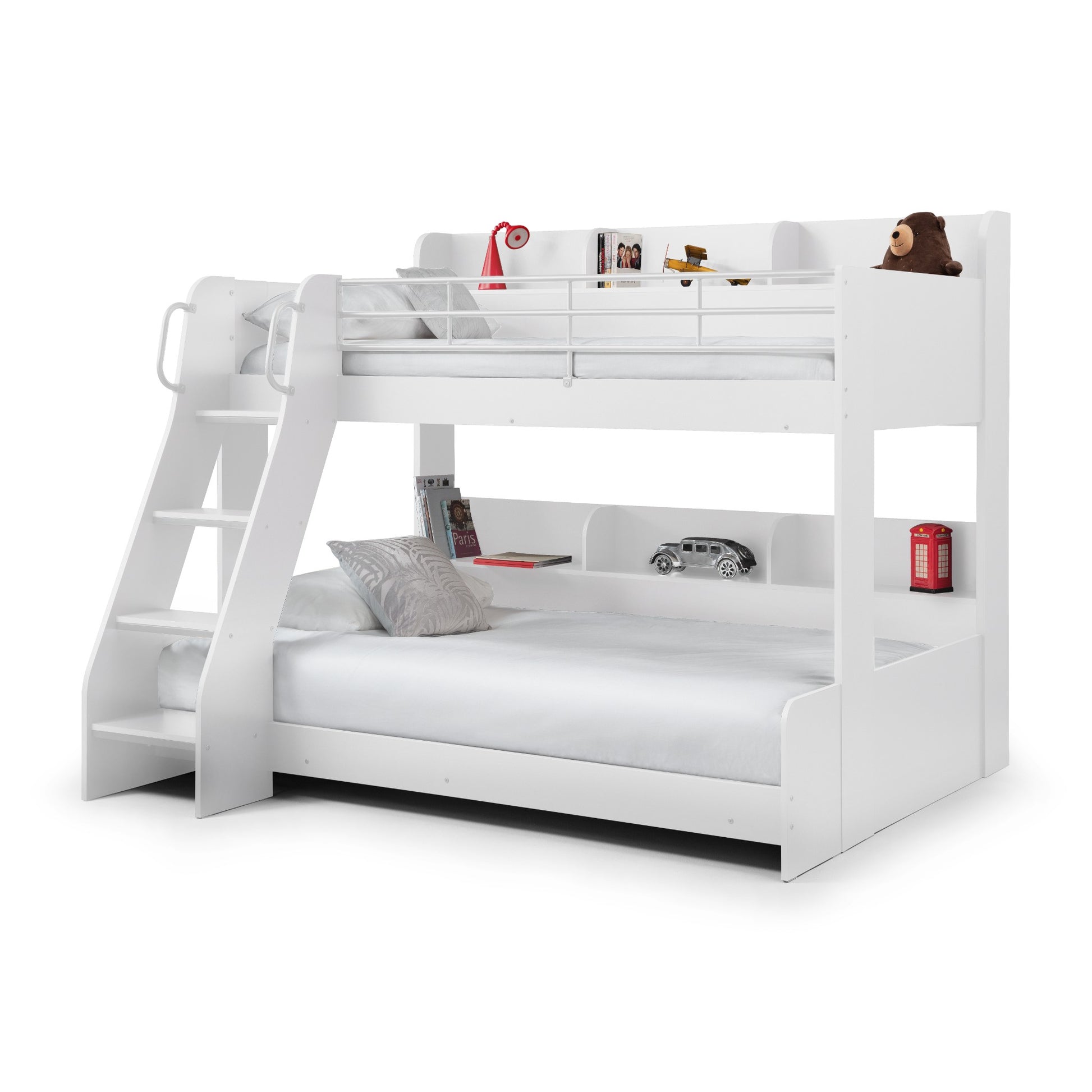 Front angled view of a triple 
sleeper bunk bed in white