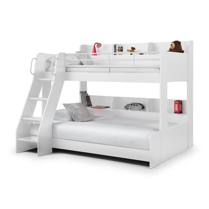 Front angled view of a triple 
sleeper bunk bed in white