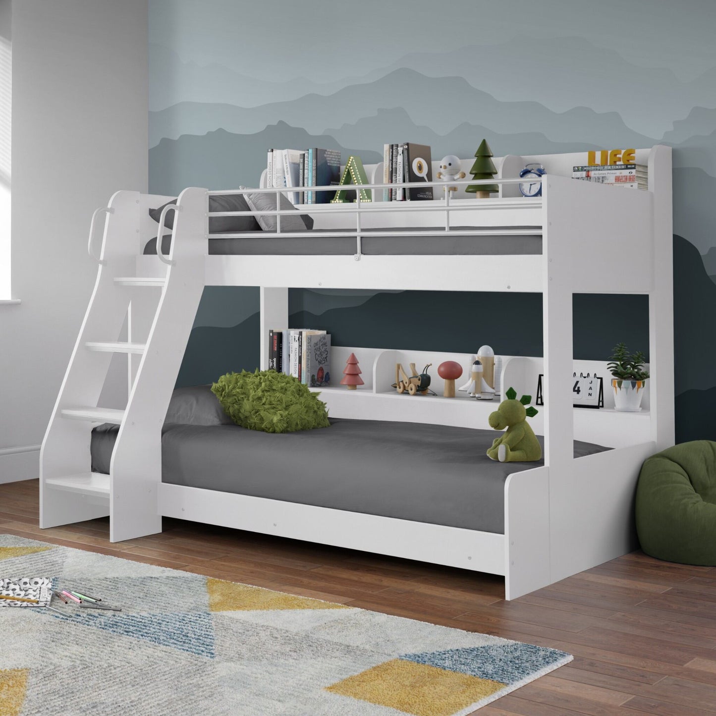 Domino Triple Sleeper Bunk Bed in white shown in a bedroom setting