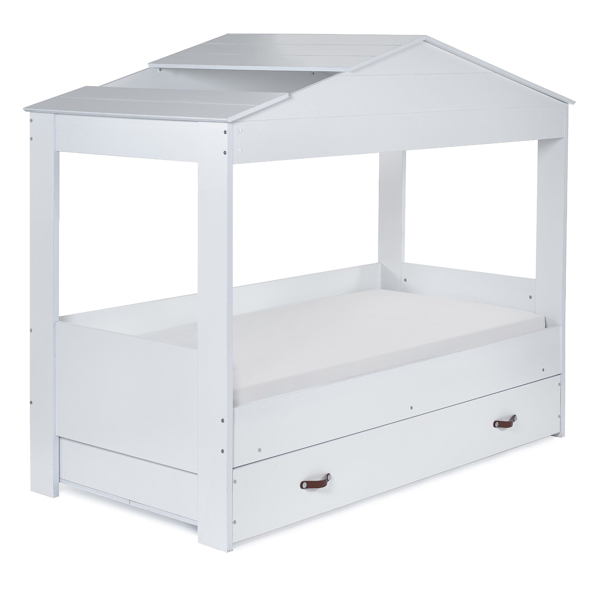 Angled view of a white low sleeper bed with a pitched roof