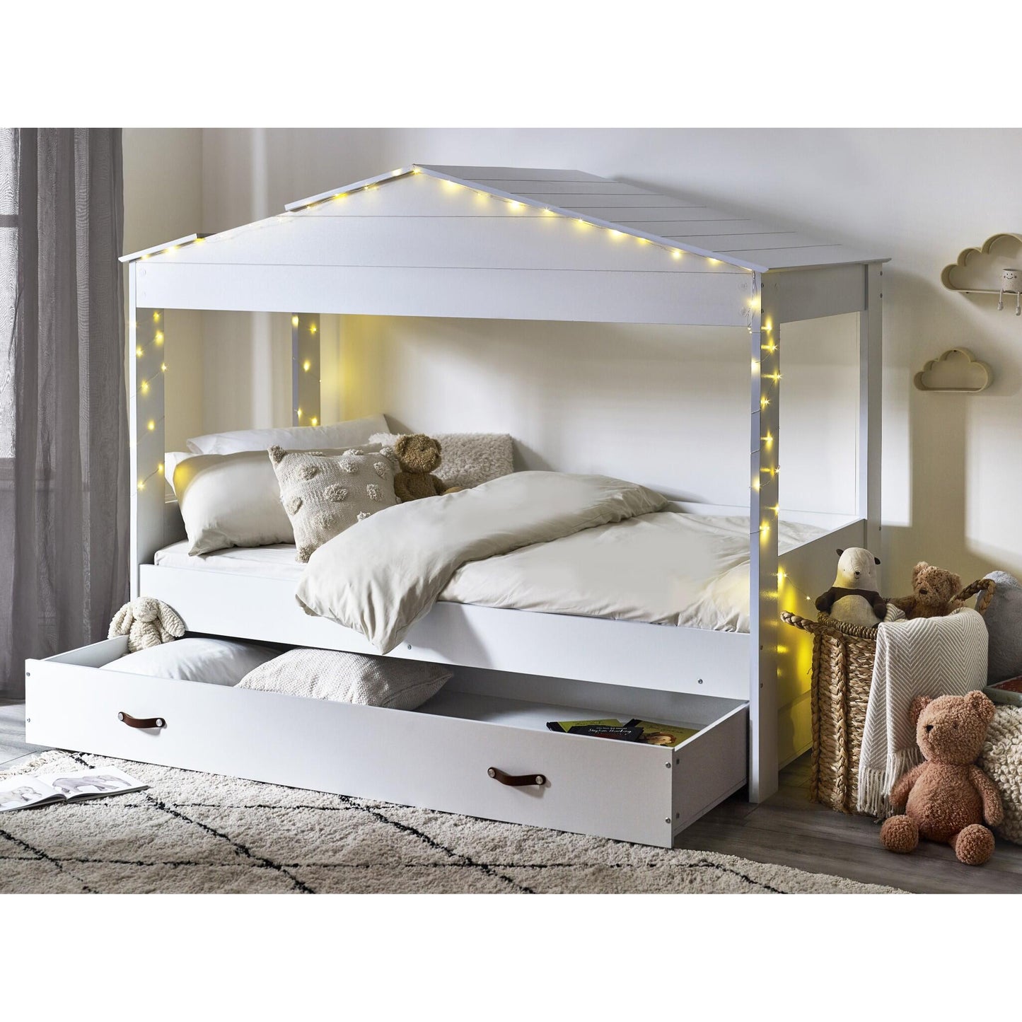 Hazel Low Sleeper Bed in white with open storage drawer