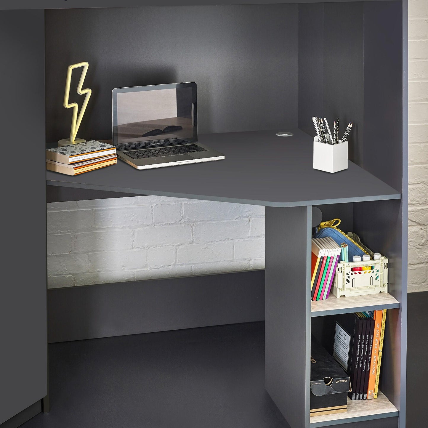 Desk and shelving detail of Hercules High Sleeper in anthracite