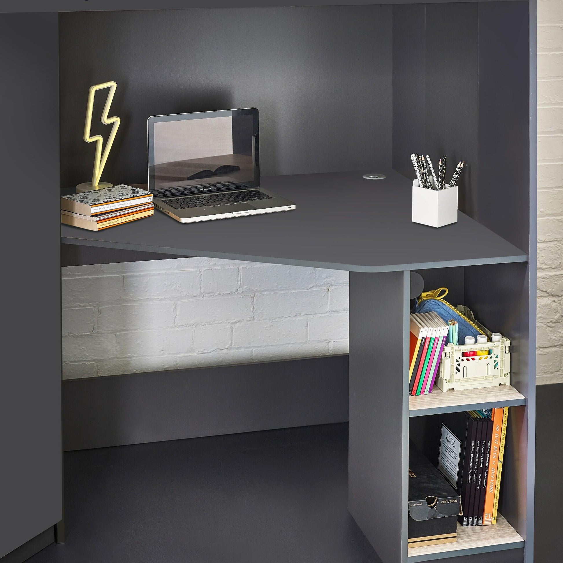 Desk and shelving detail of Hercules High Sleeper in anthracite