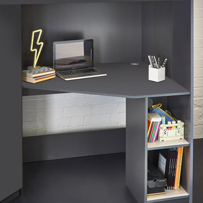 Desk and shelving detail of Hercules High Sleeper in anthracite