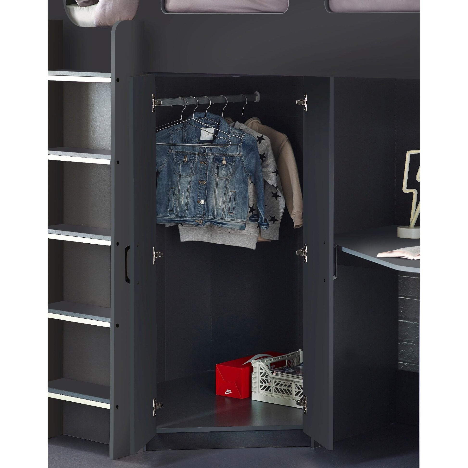 Open wardrobe storage of Hercules High Sleeper Bed in anthracite