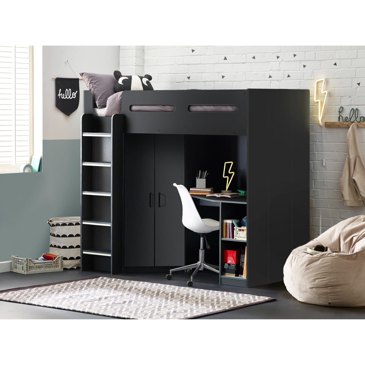 Hercules High Sleeper Bed in anthracite, shown in a wider bedroom setting