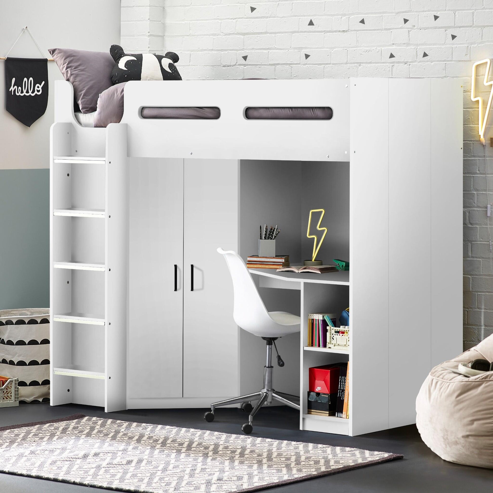 Hercules High Sleeper Storage Bed in white shown in a bedroom setting