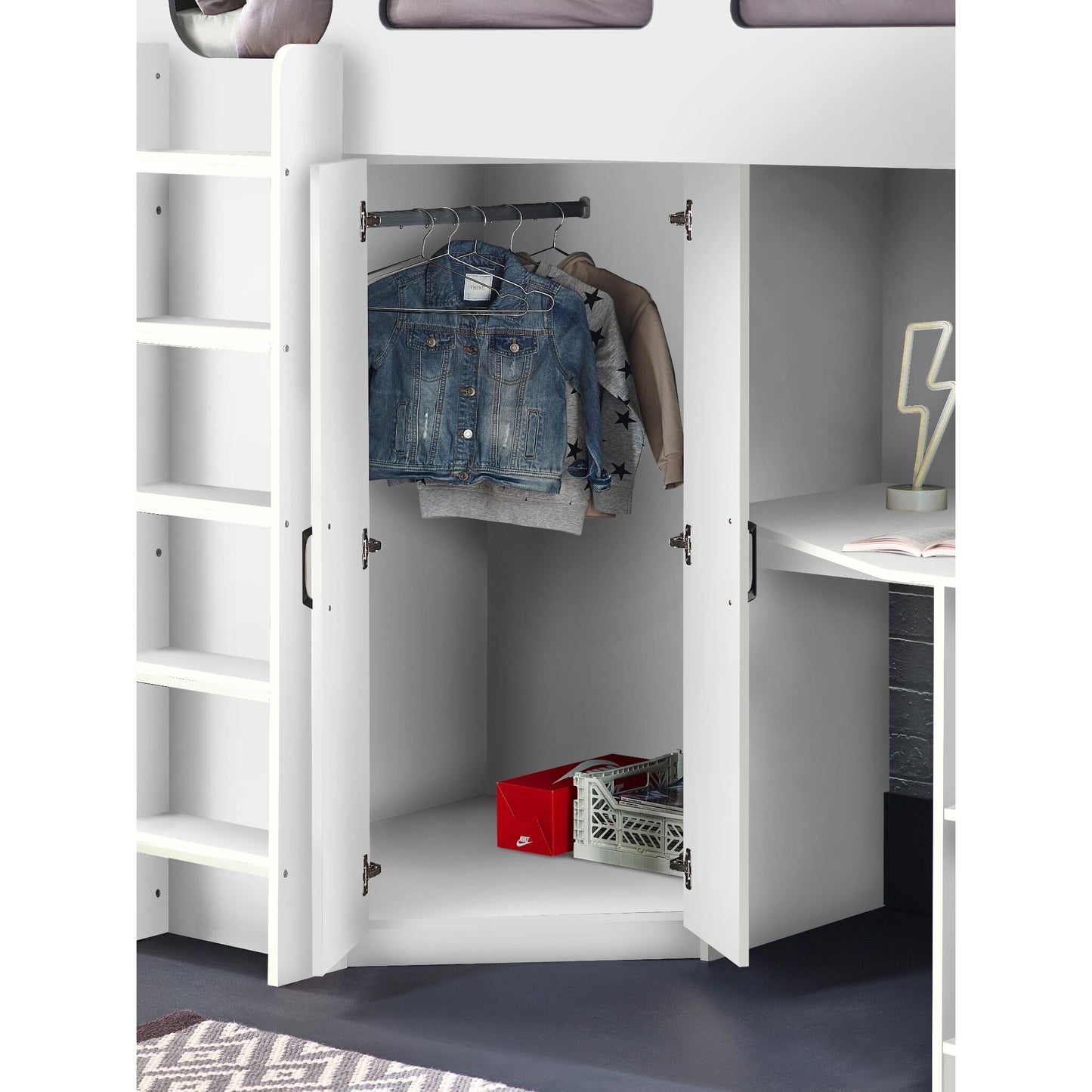 Open wardrobe storage of Hercules High Sleeper Bed in white