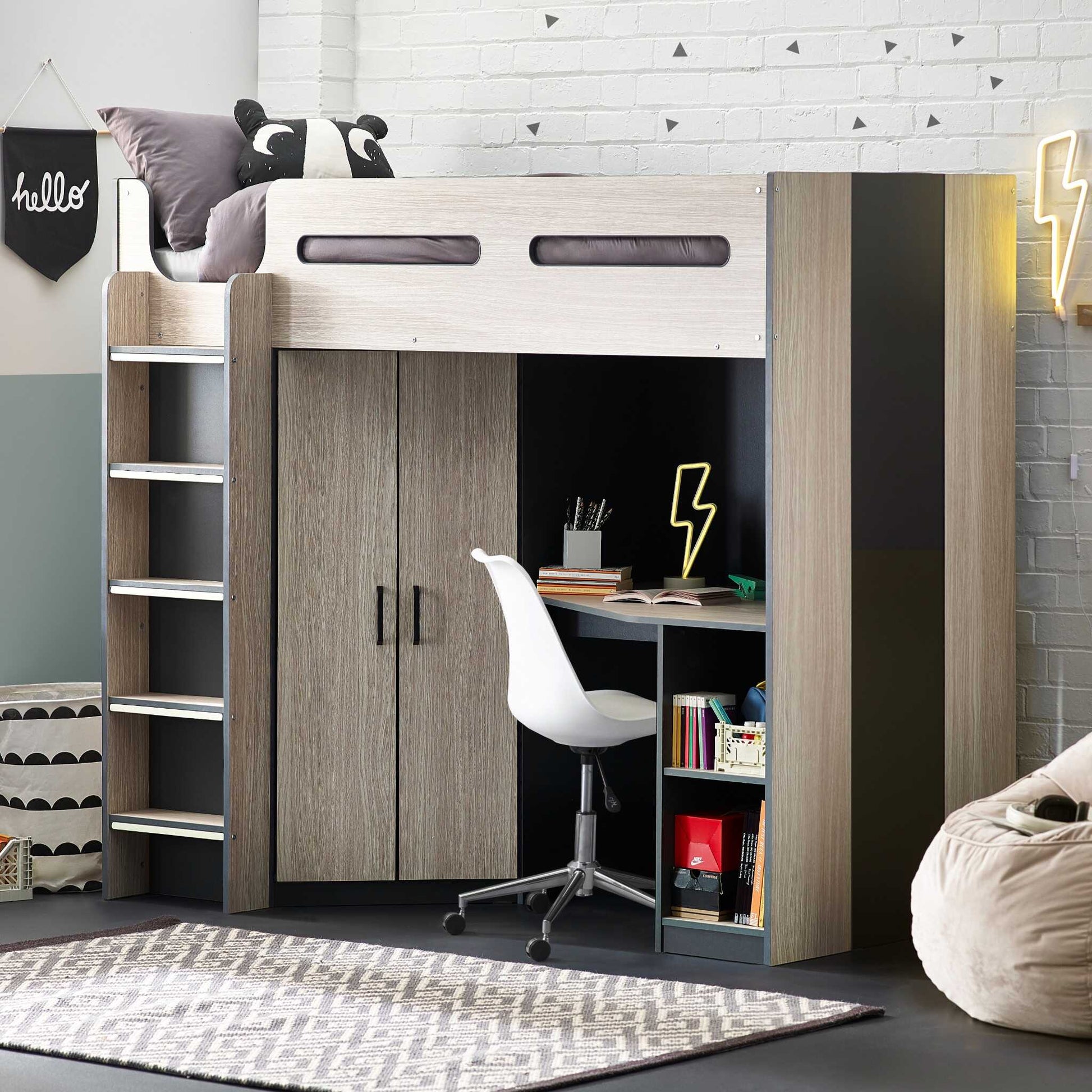 Hercules High Sleeper Storage Bed in woodgrain and anthracite shown in a bedroom setting
