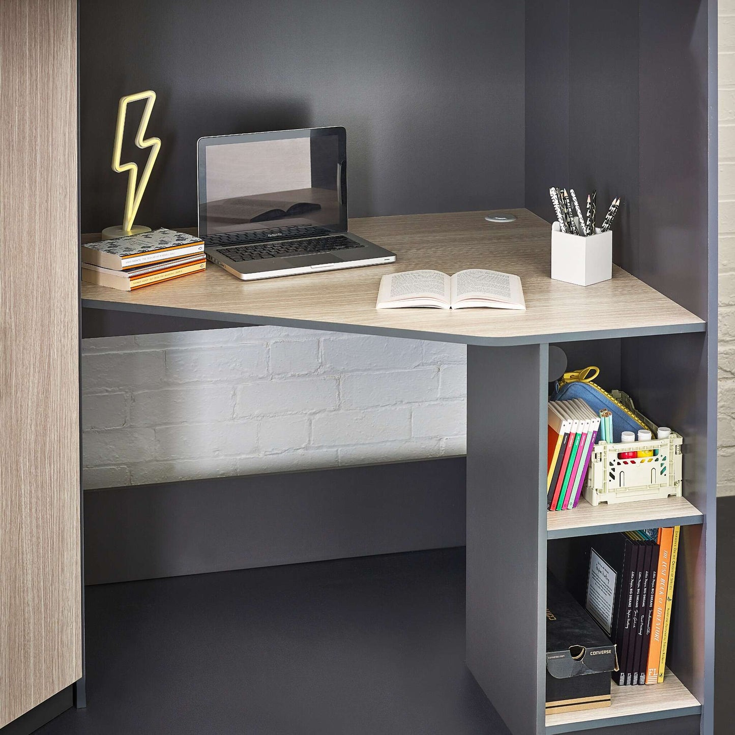 Desk and shelving detail of Hercules High Sleeper in woodgrain and anthracite