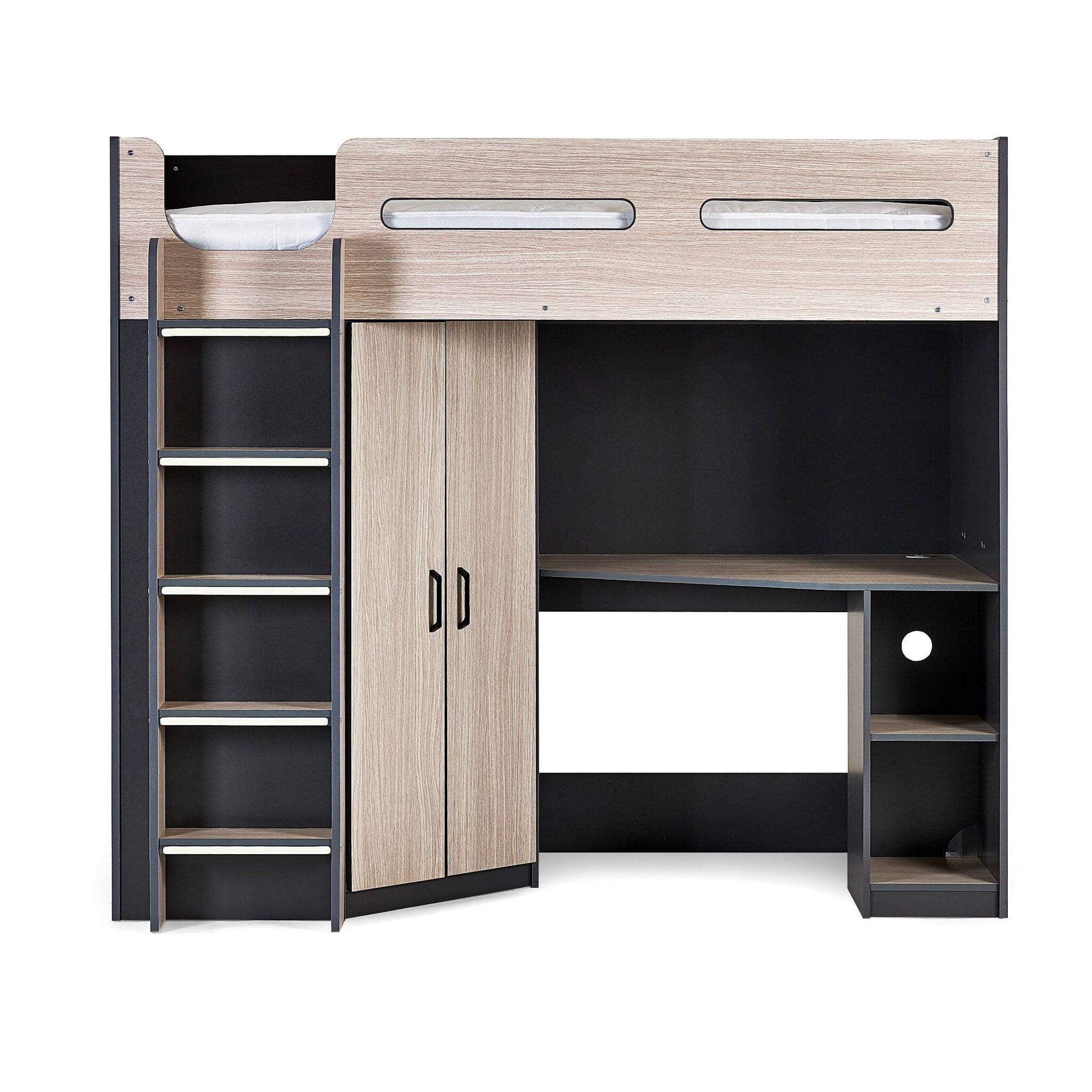 Front view of Hercules High Sleeper Bed in woodgrain and anthracite