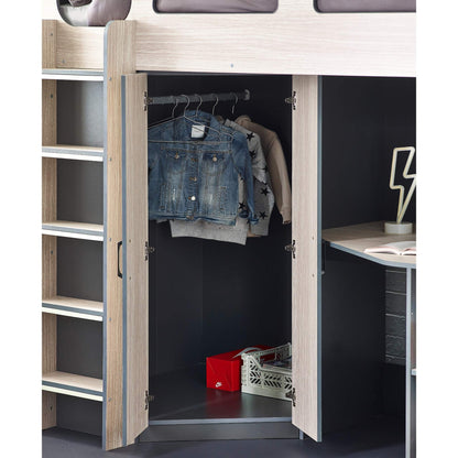 Open wardrobe storage of Hercules High Sleeper Bed in woodgrain and anthracite