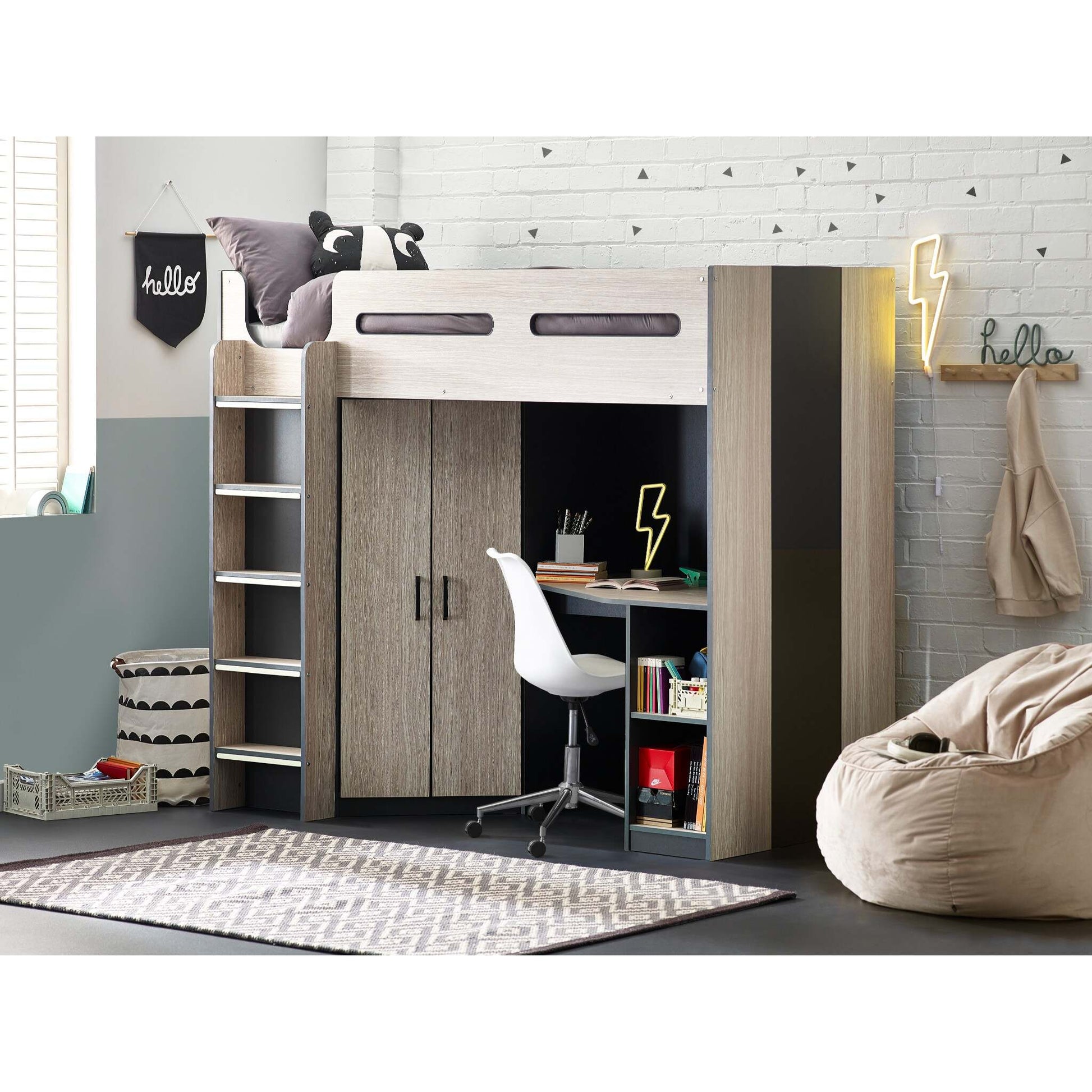 Hercules High Sleeper Bed in woodgrain and anthracite, shown in a wider bedroom setting