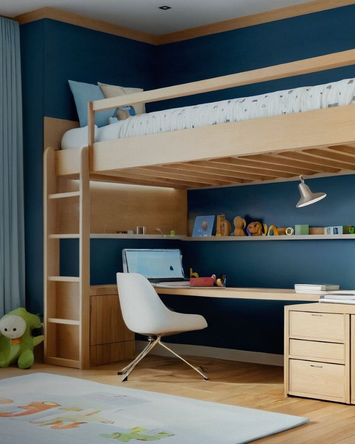 Front view of a high sleeper bed showing the desk area, drawers and shelving.