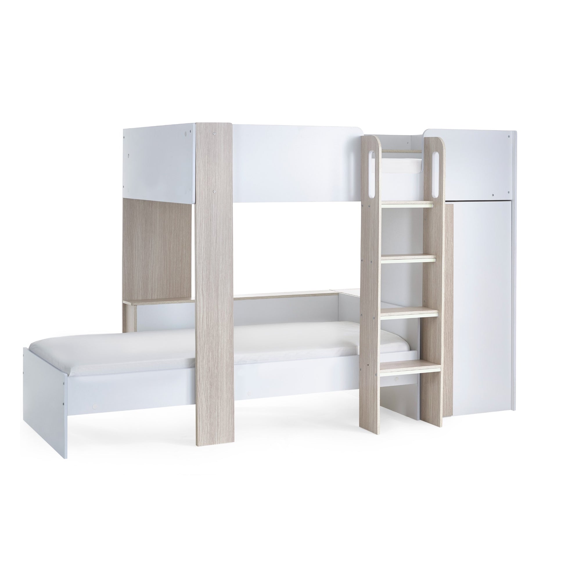 Horizon Dual Position Bunk Bed in white and pale wood on a plain background