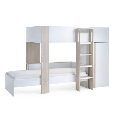 Horizon Dual Position Bunk Bed in white and pale wood on a plain background