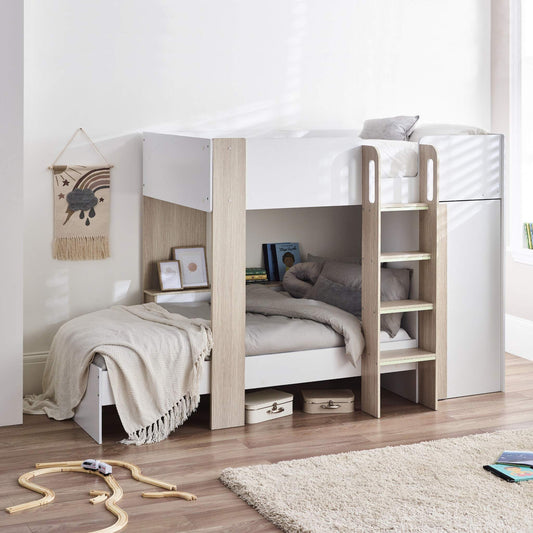 Horizon Dual Position Bunk Bed in white and pale wood in a bedroom setting