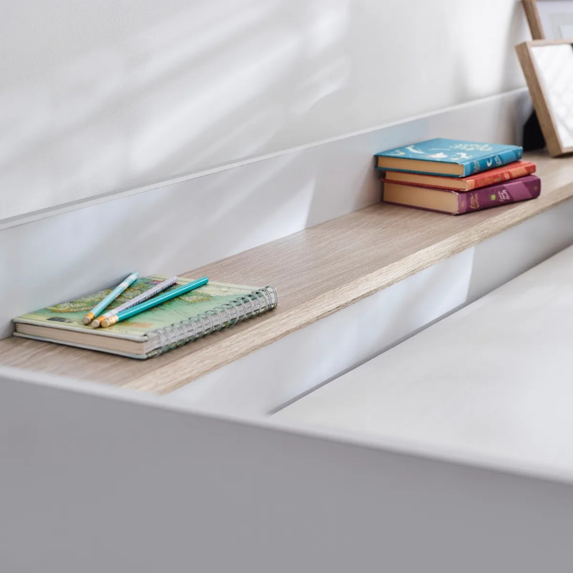 Shelf alongside upper bunk of Horizon Dual Position Bunk Bed